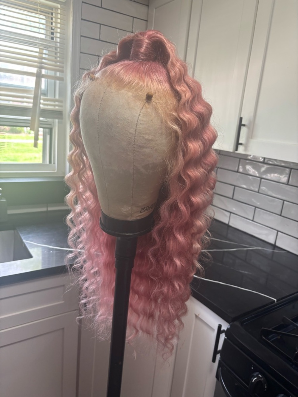 Human Hair Lace Front Wig- Long Wavy Pink Blonde Unit - Picture 3 of 8